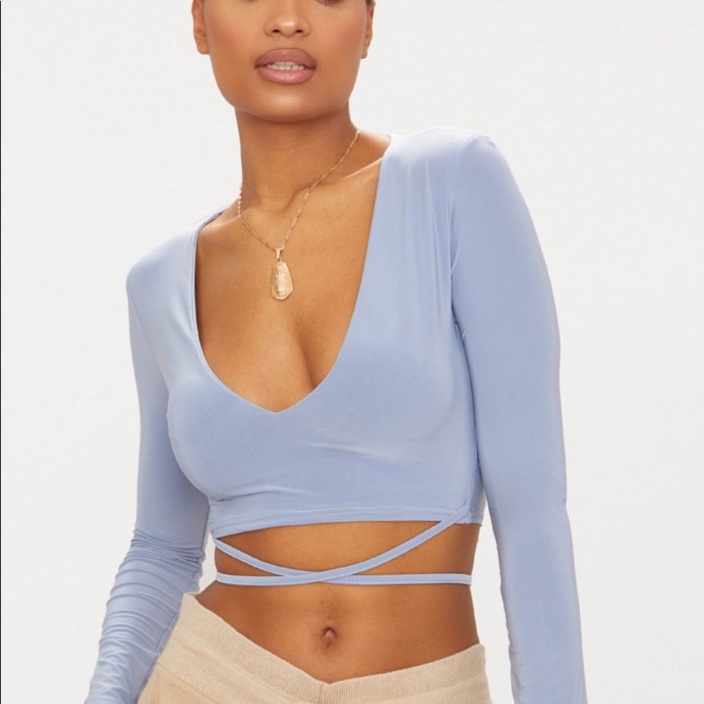 Powder Blue Long Sleeved Crop Top tie waist